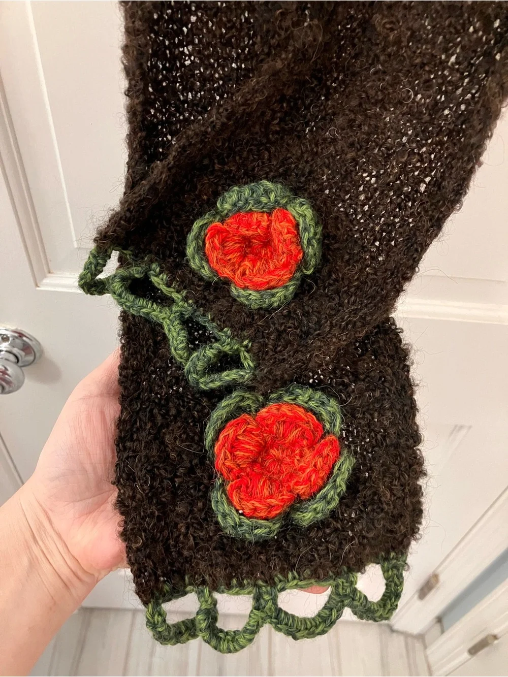 Handmade wool Dark Brown Knit Scarf with Red green flower Appliqués by Tabask
